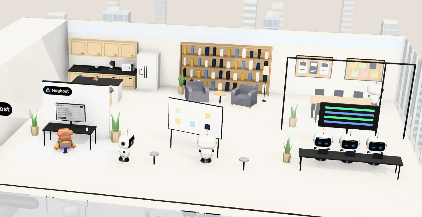 Noghost’s office on floor 11 of Tower 2: the owner’s desk with the website on screen, the agents’ bench, a meeting room and a library